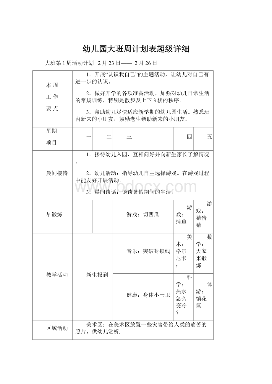 幼儿园大班周计划表超级详细Word文档格式.docx