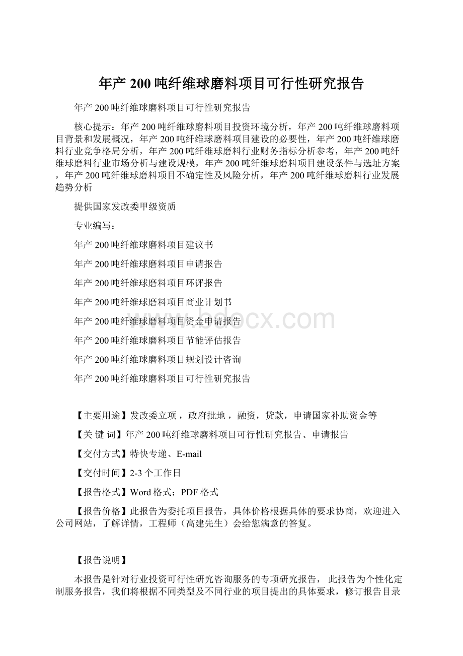 年产200吨纤维球磨料项目可行性研究报告文档格式.docx_第1页