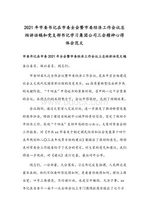 2021年市委书记在市委全会暨市委经济工作会议总结讲话稿和党支部书记学习集团公司三会精神心得体会范文Word格式.docx