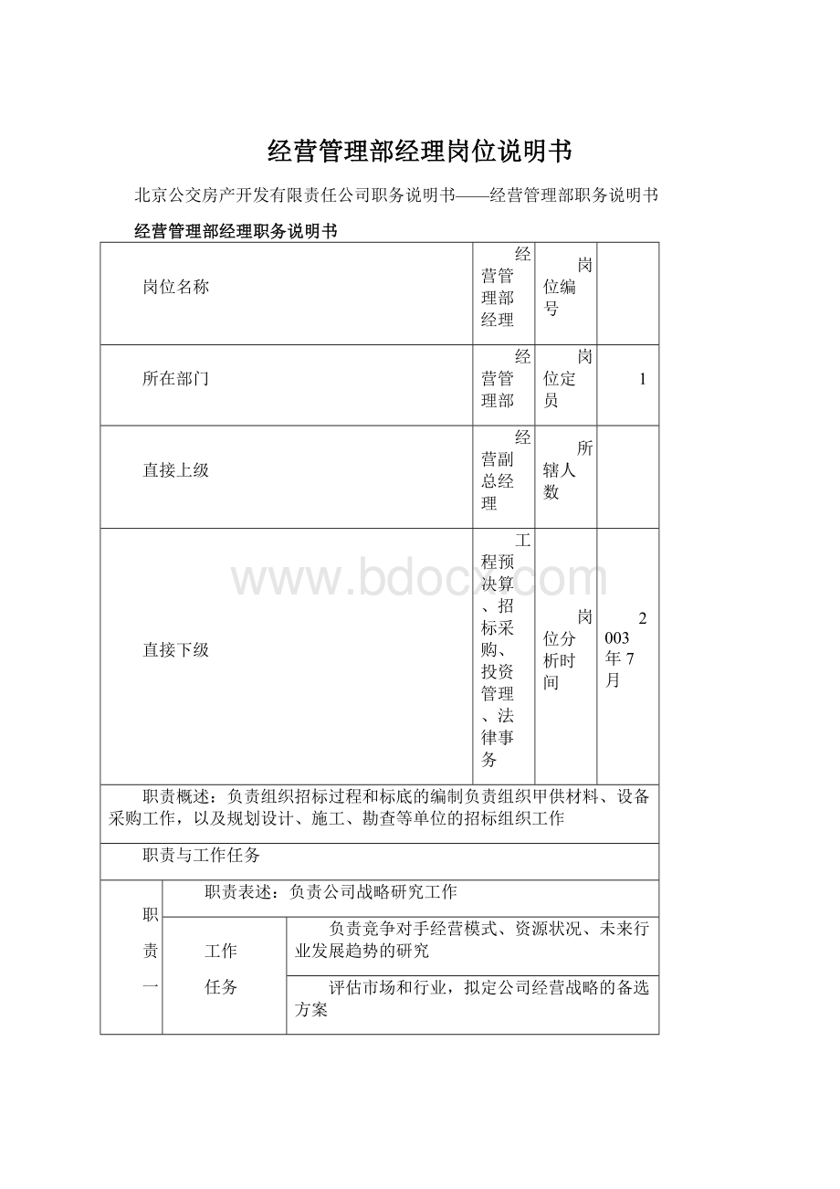 经营管理部经理岗位说明书文档格式.docx