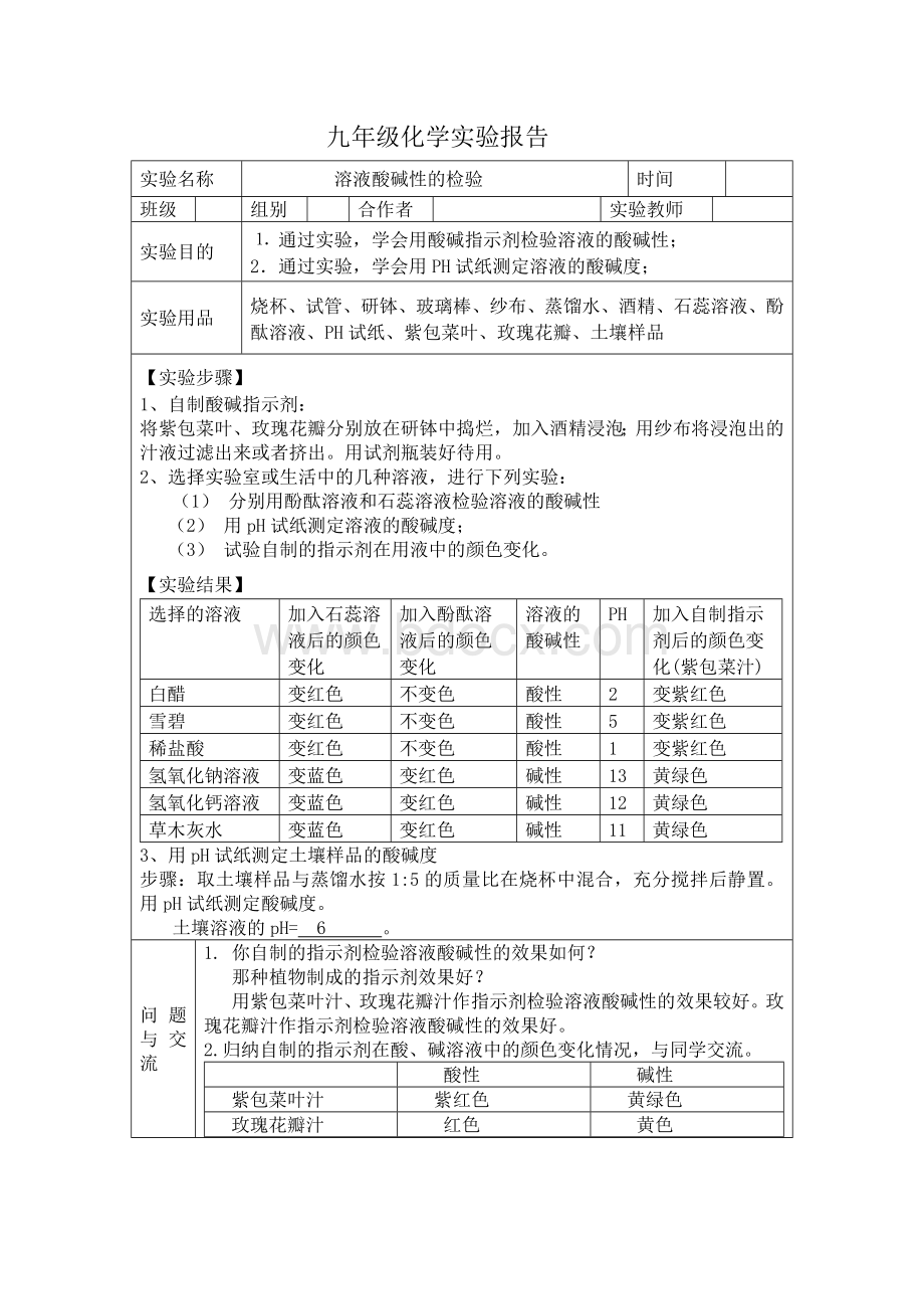 溶液酸碱性的检验实验报告1.doc