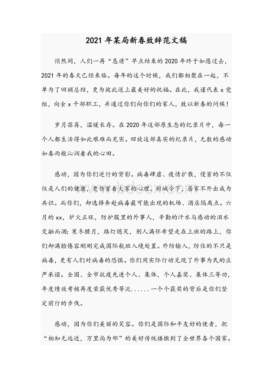 2021年某局新春致辞范文稿Word文档下载推荐.docx