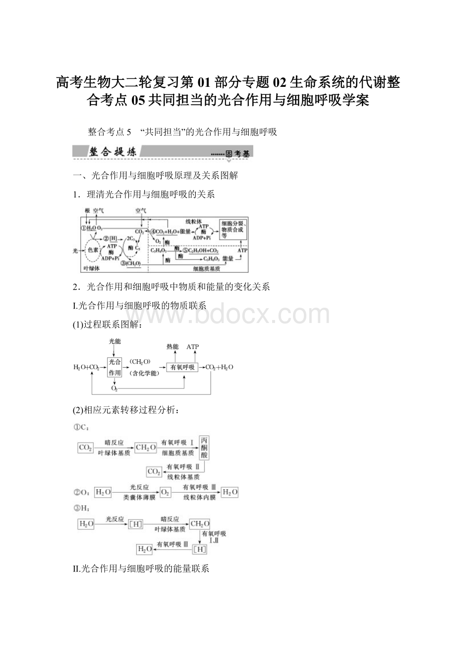 高考生物大二轮复习第01部分专题02生命系统的代谢整合考点05共同担当的光合作用与细胞呼吸学案.docx_第1页