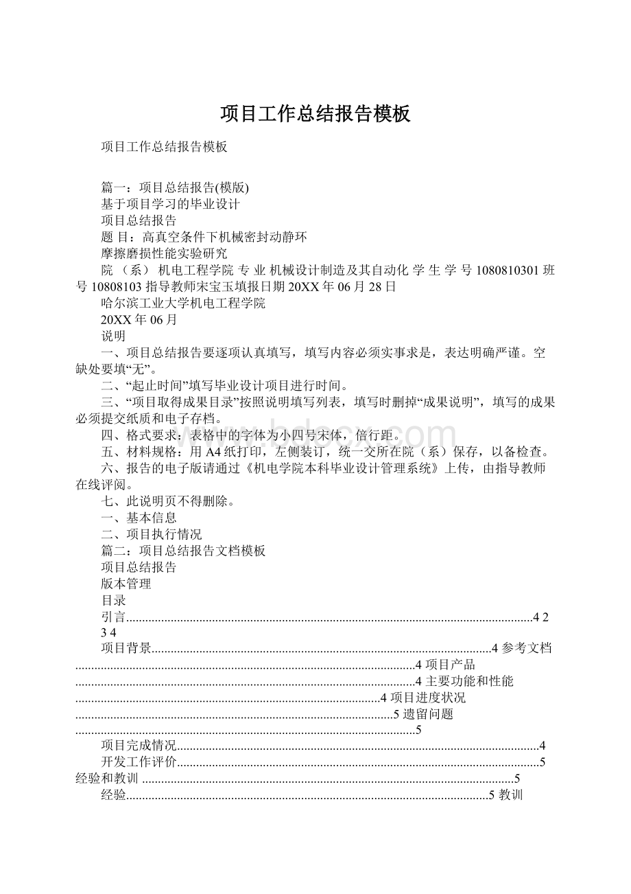 项目工作总结报告模板Word文档格式.docx