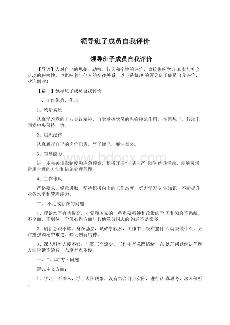 领导班子成员自我评价.docx