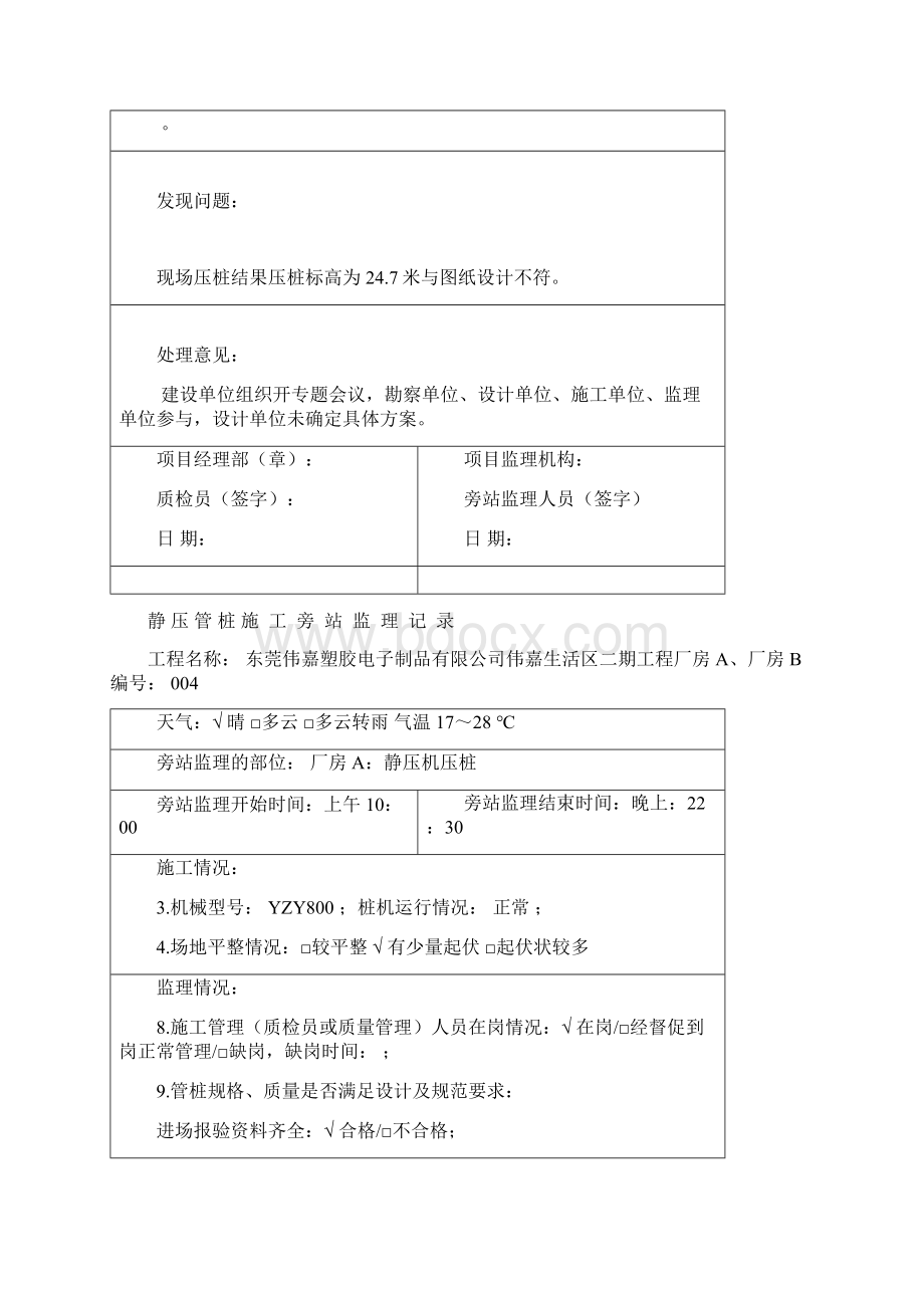 静压管桩旁站记录文档格式.docx_第2页