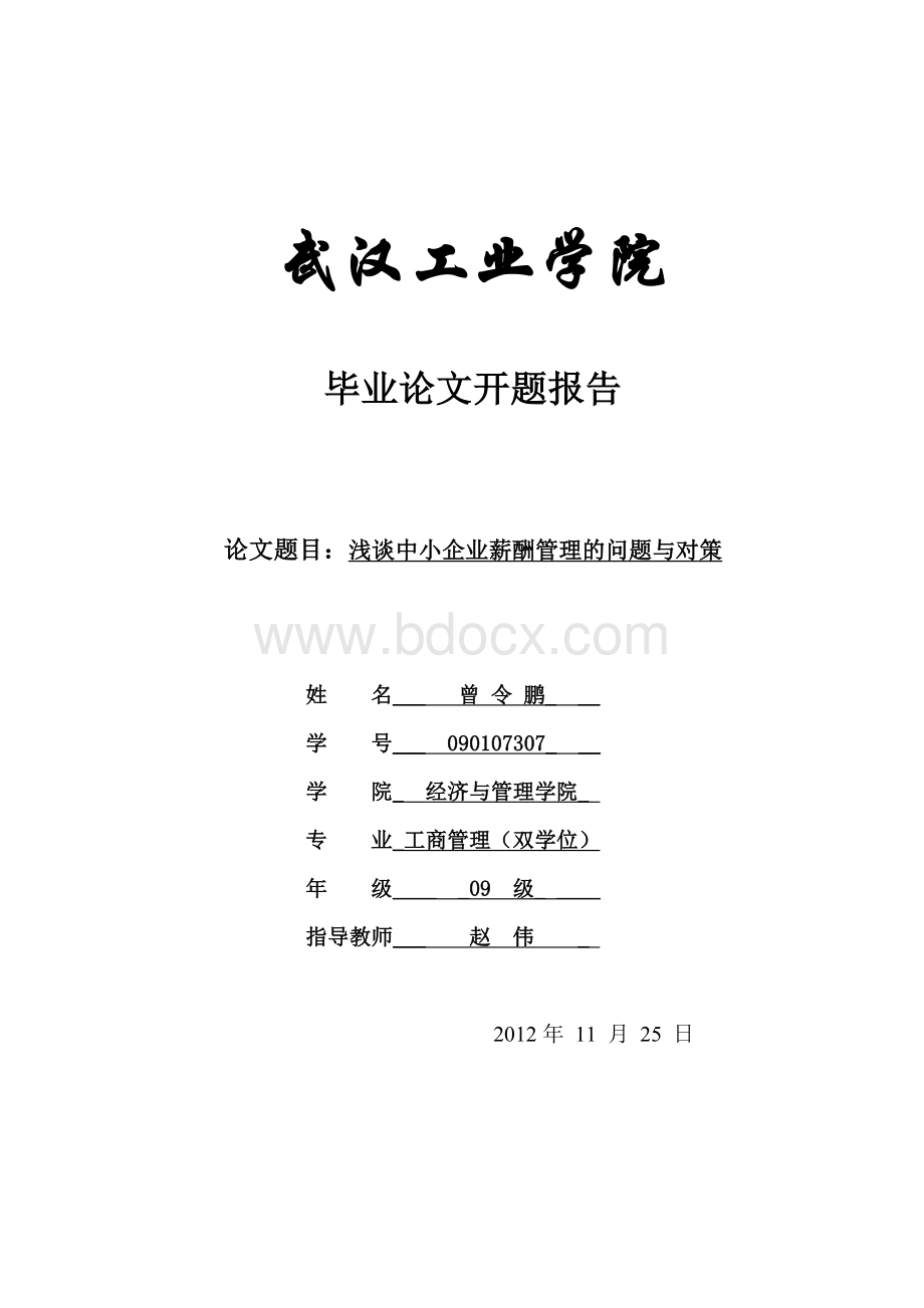 中小企业薪酬管理中的问题与对策毕业论文开题报告Word文档下载推荐.doc_第1页