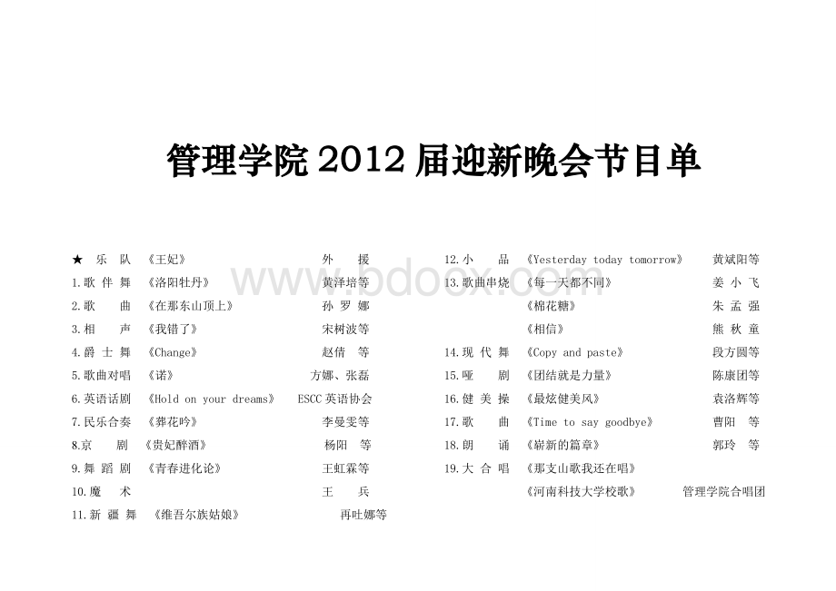 河南科技大学管理学院2012届迎新晚会节目单.doc