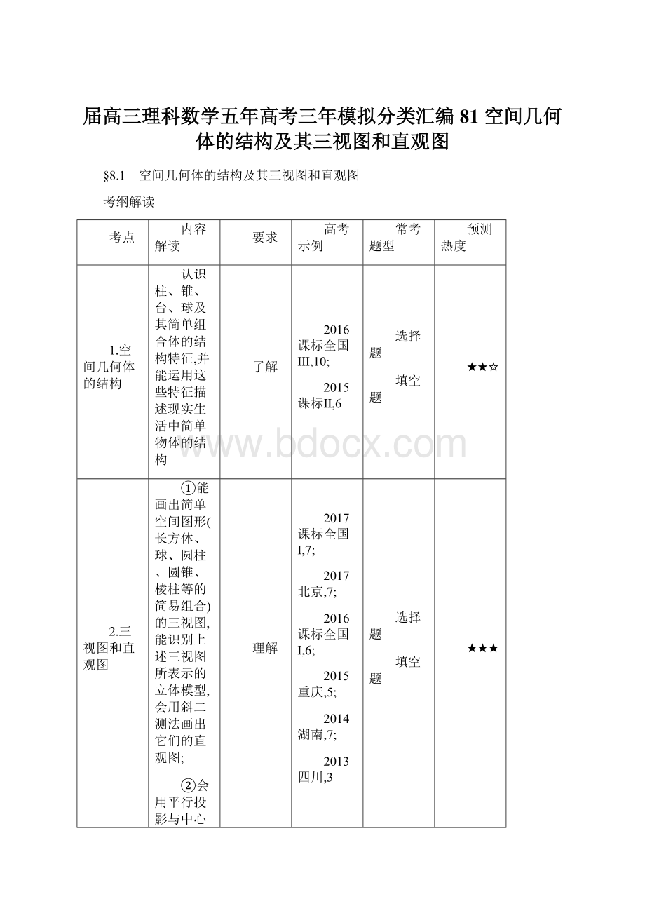 届高三理科数学五年高考三年模拟分类汇编81 空间几何体的结构及其三视图和直观图Word文件下载.docx_第1页