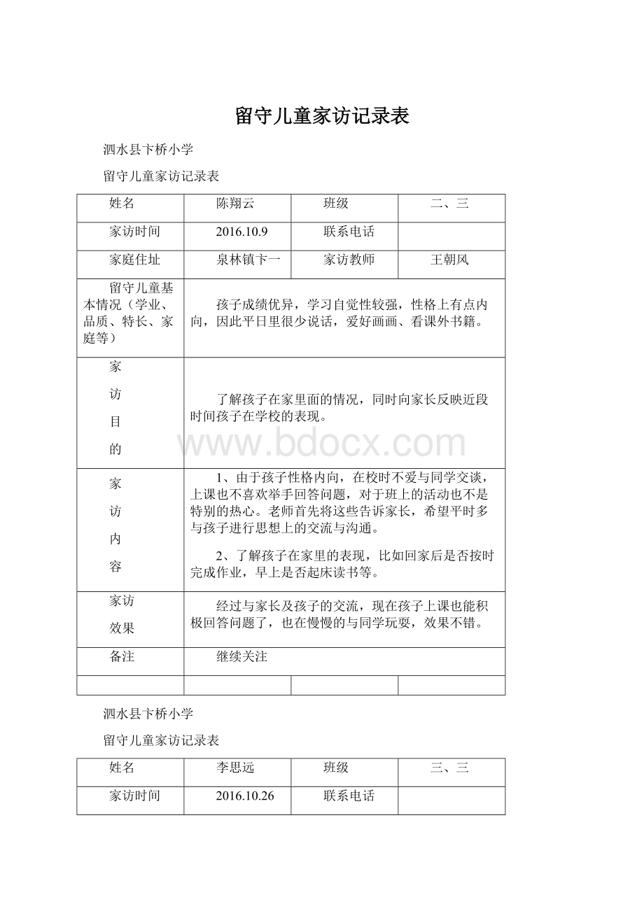 留守儿童家访记录表Word文档下载推荐.docx