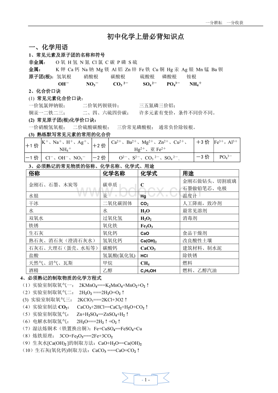 人教版九年级化学上册必背知识点(精华).doc