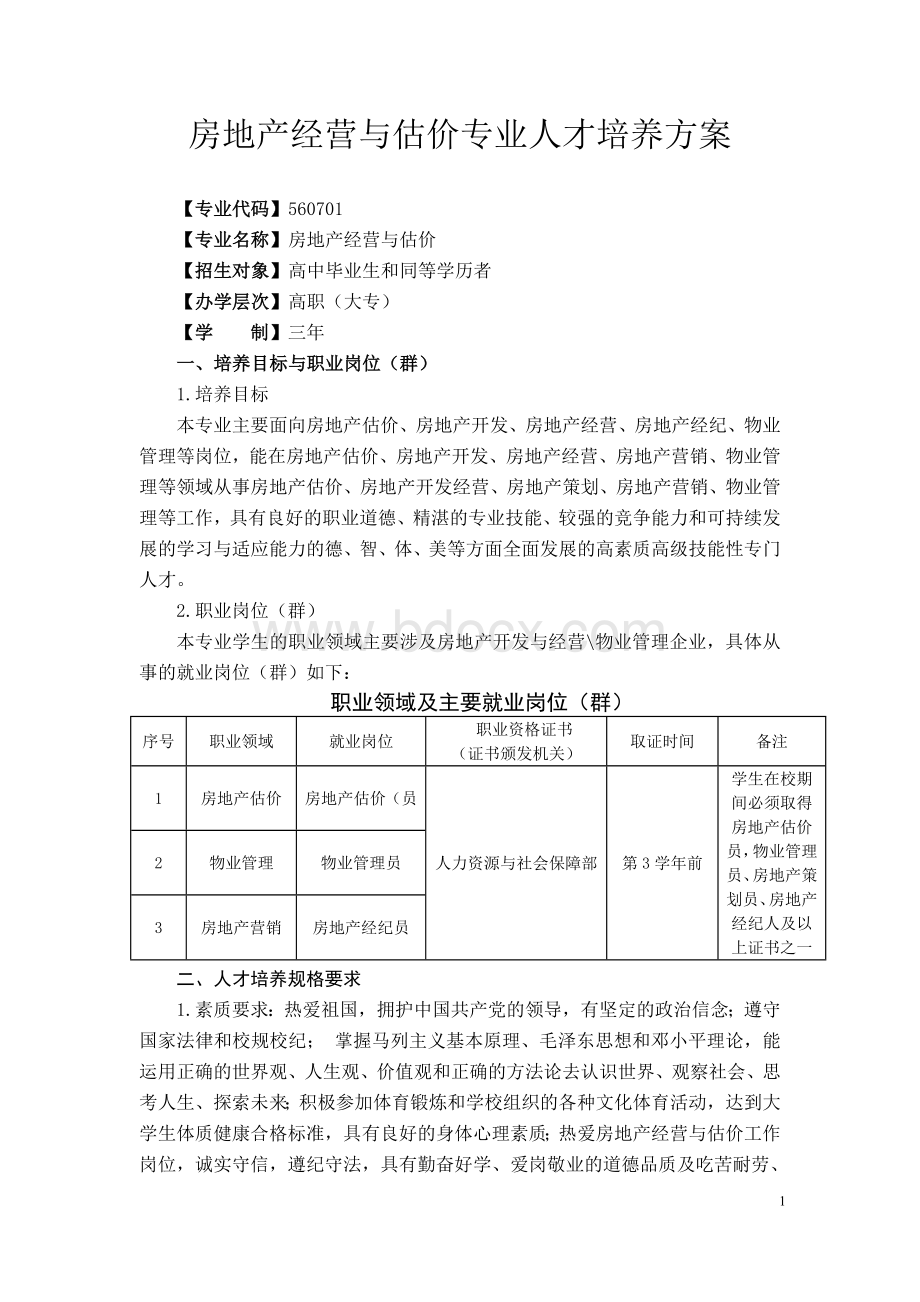 房地产经营与估价人才培养方案Word文件下载.doc_第1页