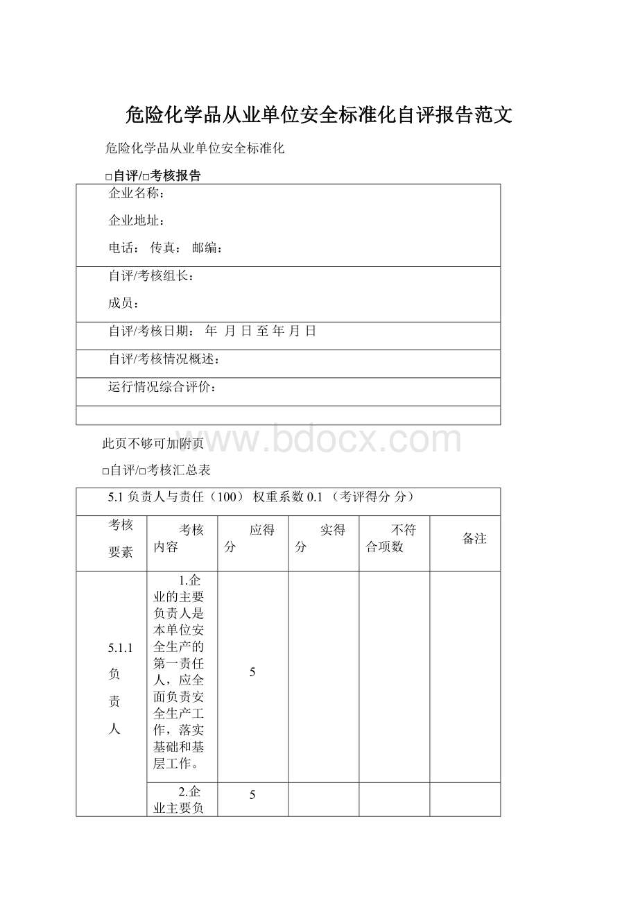 危险化学品从业单位安全标准化自评报告范文.docx