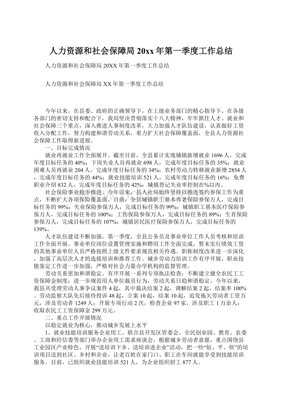 人力资源和社会保障局20xx年第一季度工作总结.docx