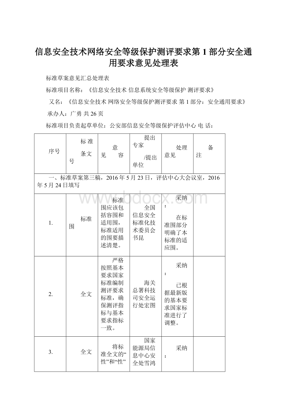 信息安全技术网络安全等级保护测评要求第1部分安全通用要求意见处理表Word格式.docx_第1页