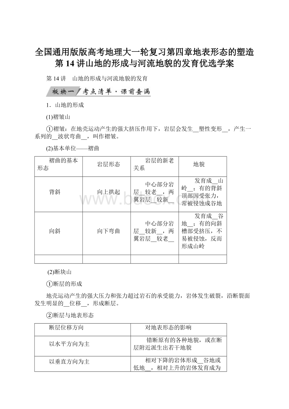 全国通用版版高考地理大一轮复习第四章地表形态的塑造第14讲山地的形成与河流地貌的发育优选学案Word下载.docx_第1页