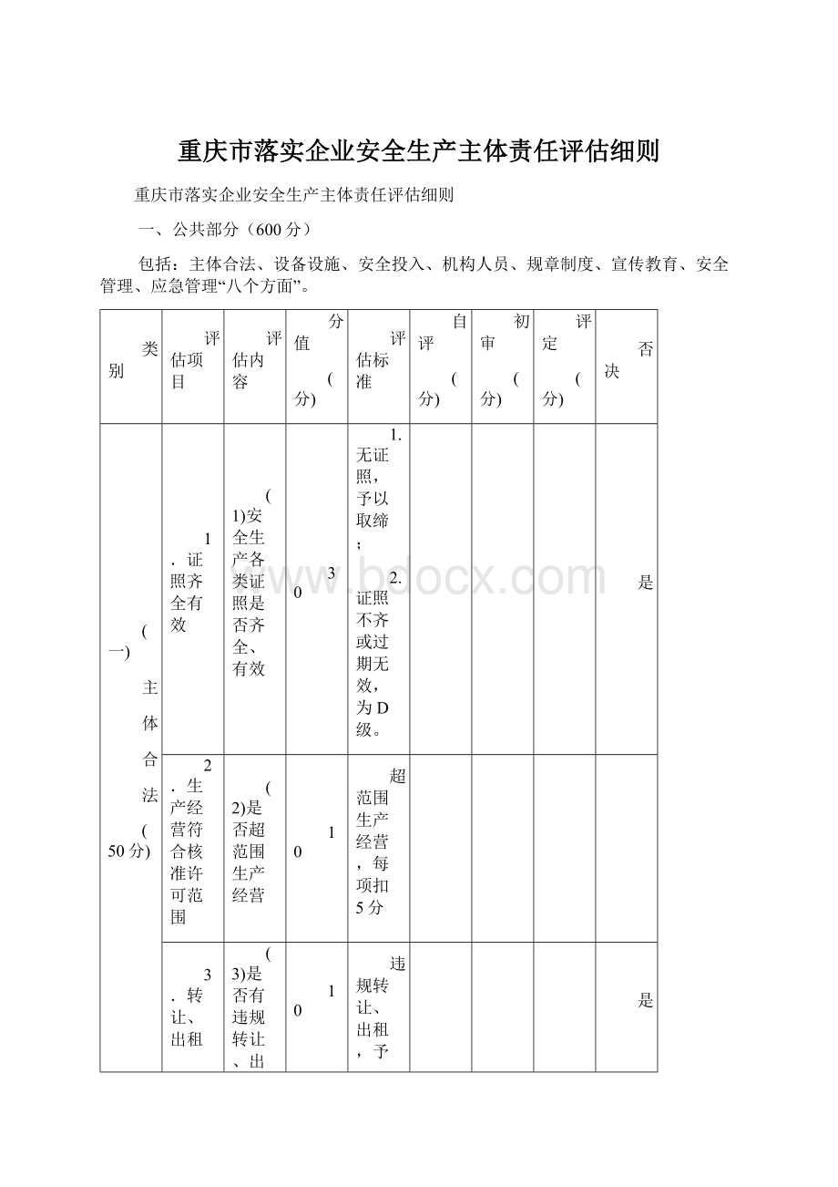 重庆市落实企业安全生产主体责任评估细则.docx_第1页