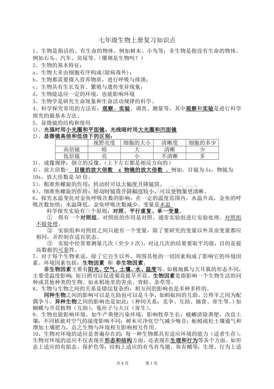 苏科版七年级上册生物复习知识点Word文档下载推荐.doc_第1页