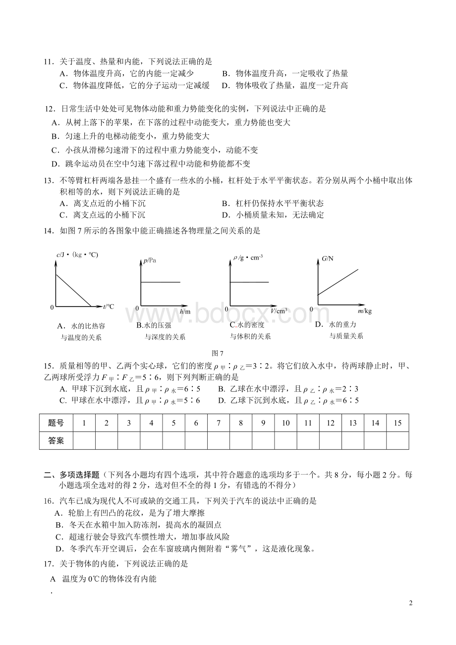 北京市通州区2015年初二下学期物理期末模拟试卷(带答案).doc_第2页