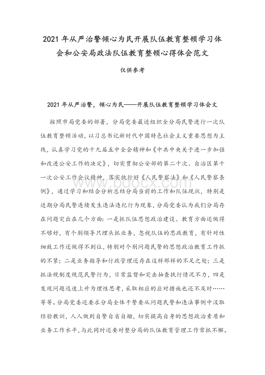 2021年从严治警倾心为民开展队伍教育整顿学习体会和公安局政法队伍教育整顿心得体会范文.docx