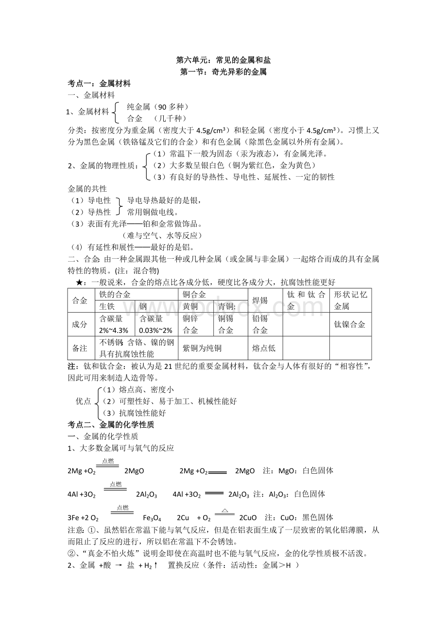 上海初中化学第六单元：常见的金属和盐(教案+习题)带答案.docx