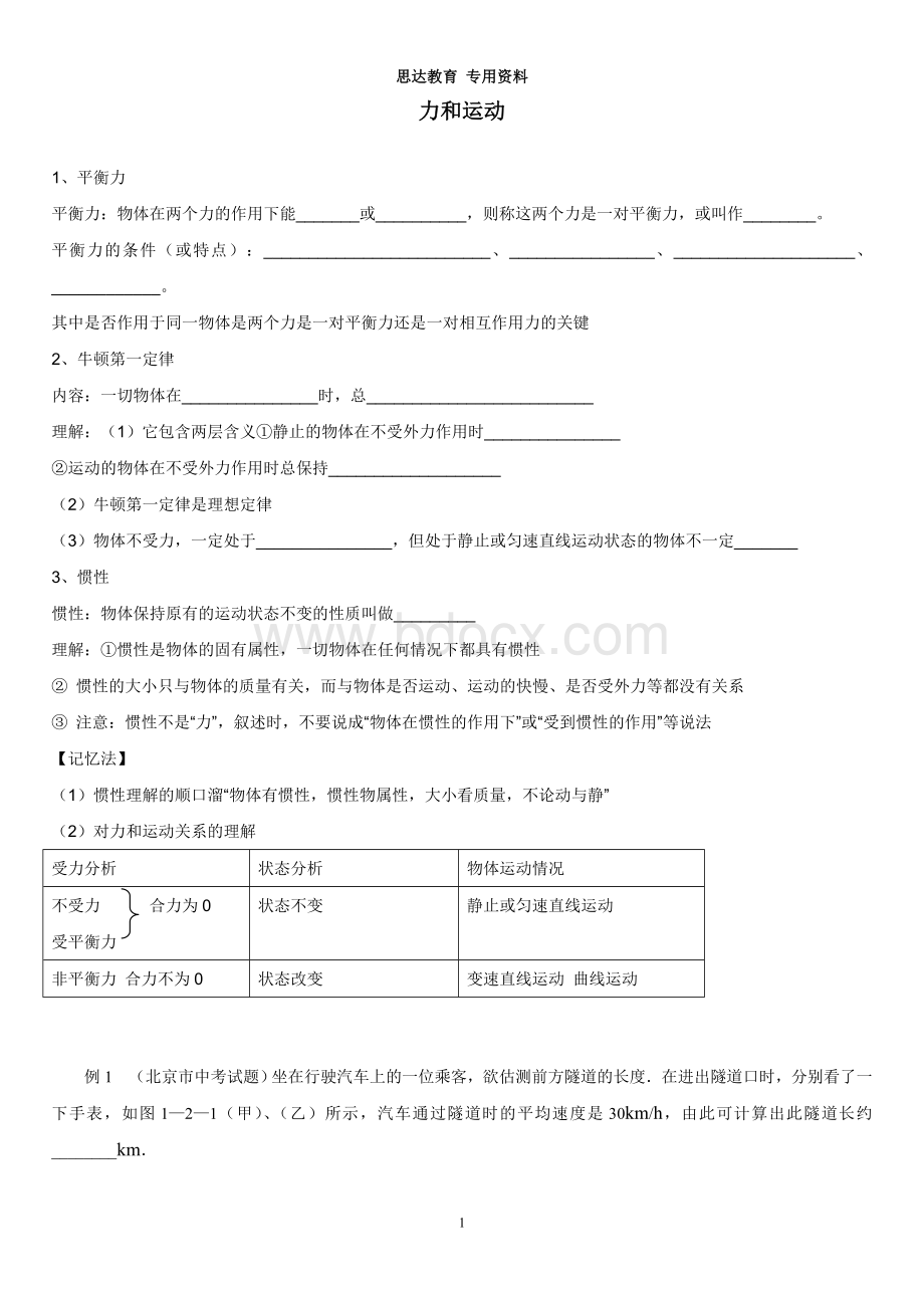 初二物理力和运动典型例题解析.doc_第1页