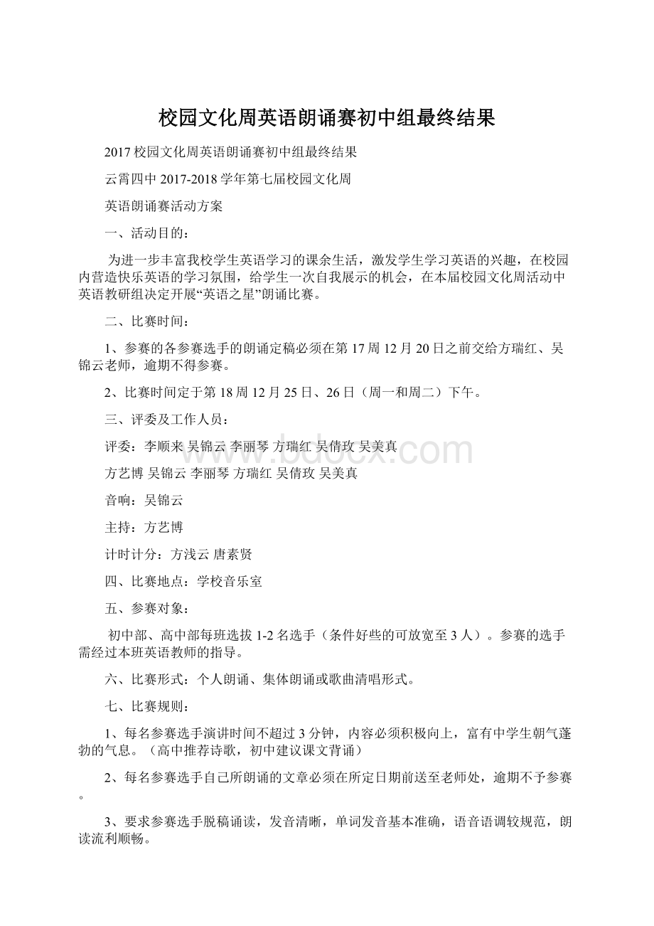 校园文化周英语朗诵赛初中组最终结果Word格式文档下载.docx_第1页