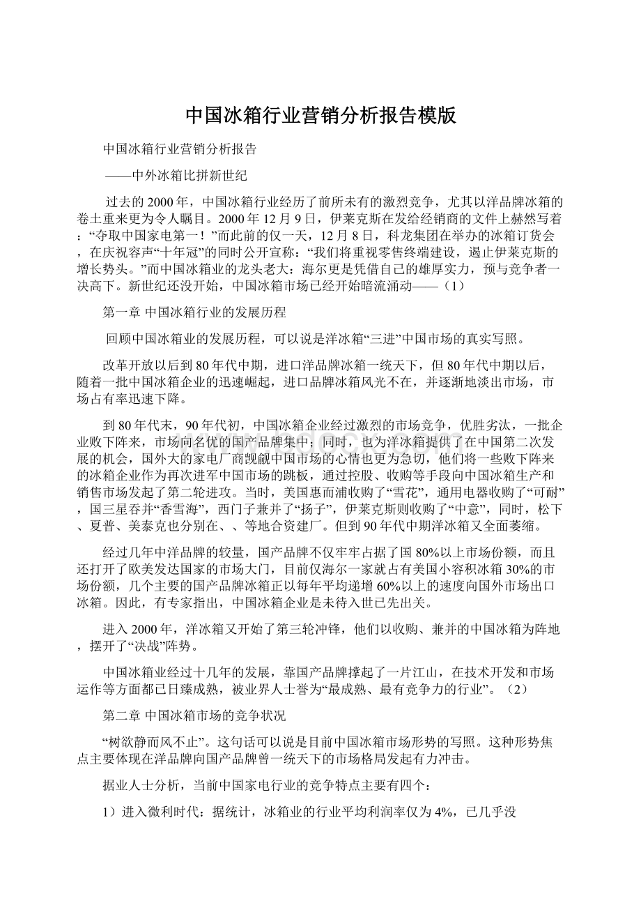 中国冰箱行业营销分析报告模版文档格式.docx