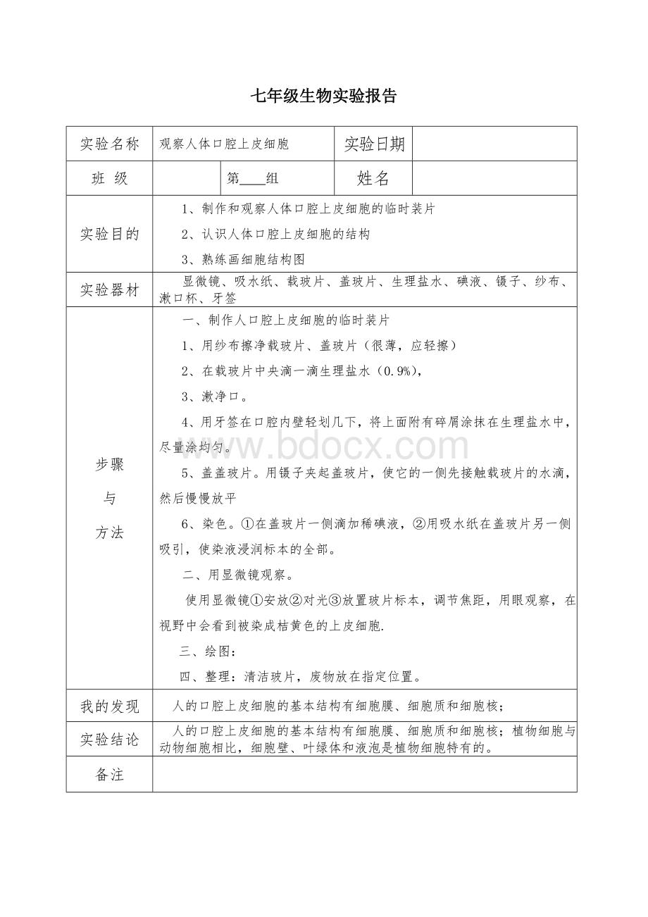 观察人体口腔上皮细胞实验报告单.wps_第1页