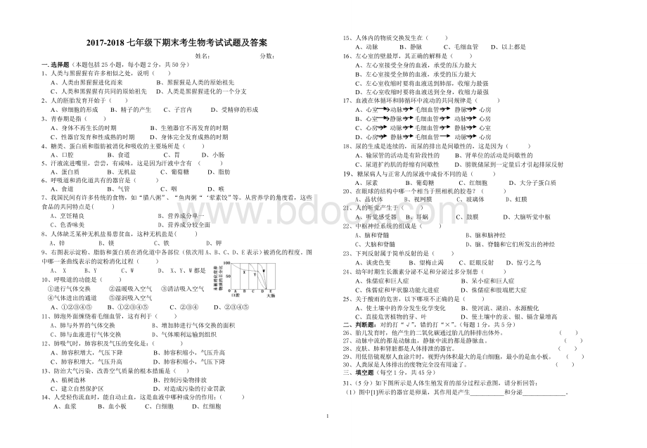 七年级下期末考生物考试试题及答案.doc_第1页