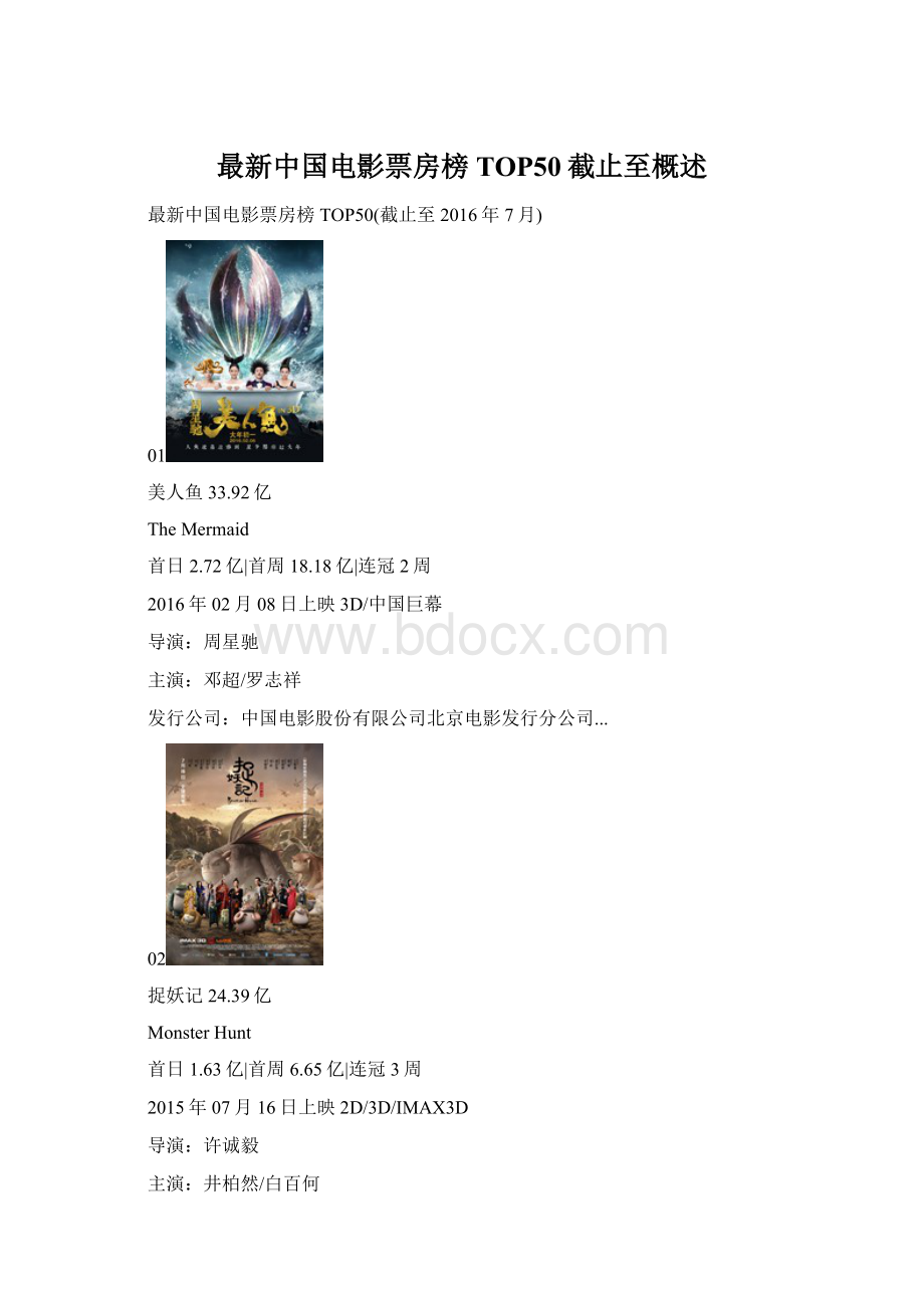 最新中国电影票房榜TOP50截止至概述.docx_第1页