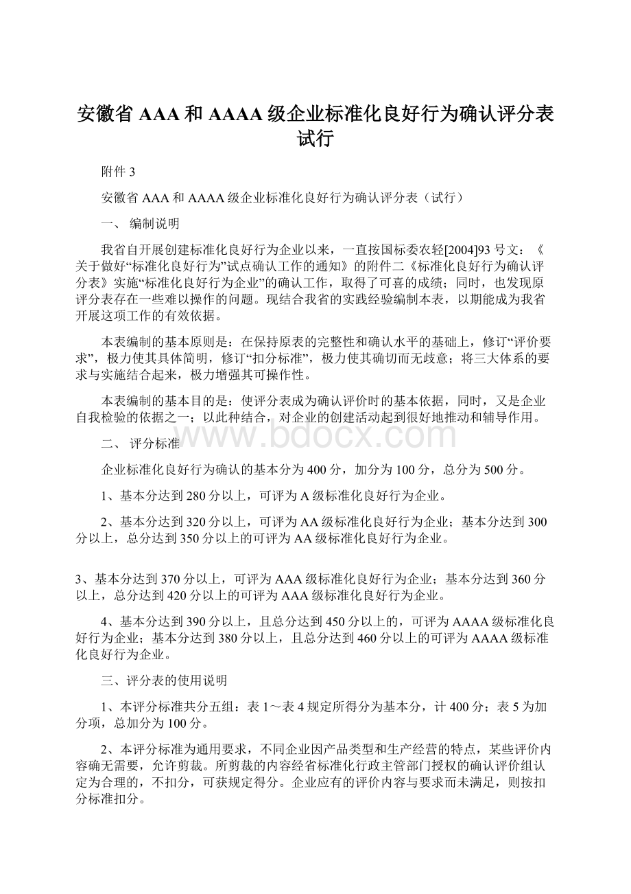 安徽省AAA和AAAA级企业标准化良好行为确认评分表试行Word格式文档下载.docx