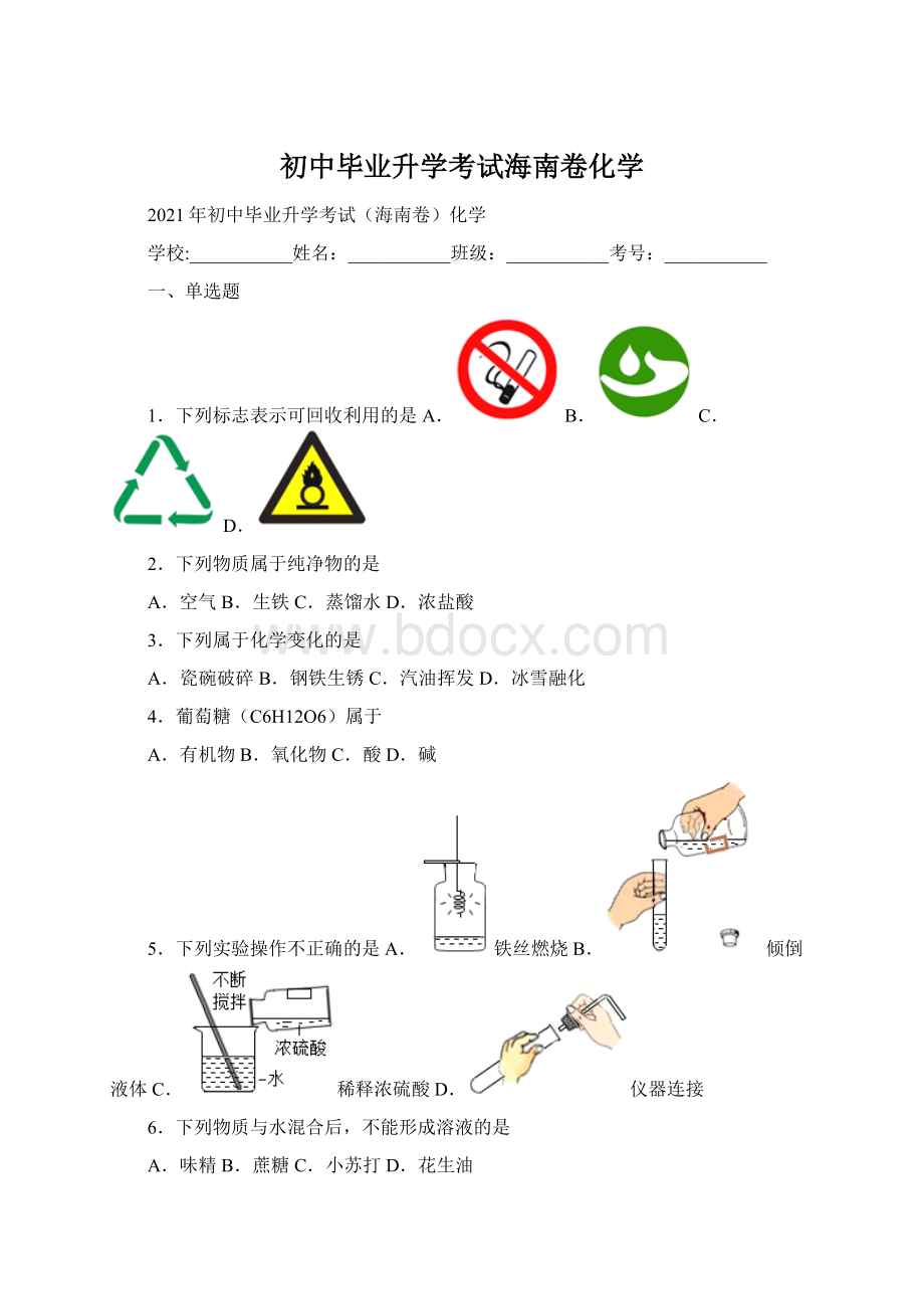 初中毕业升学考试海南卷化学.docx