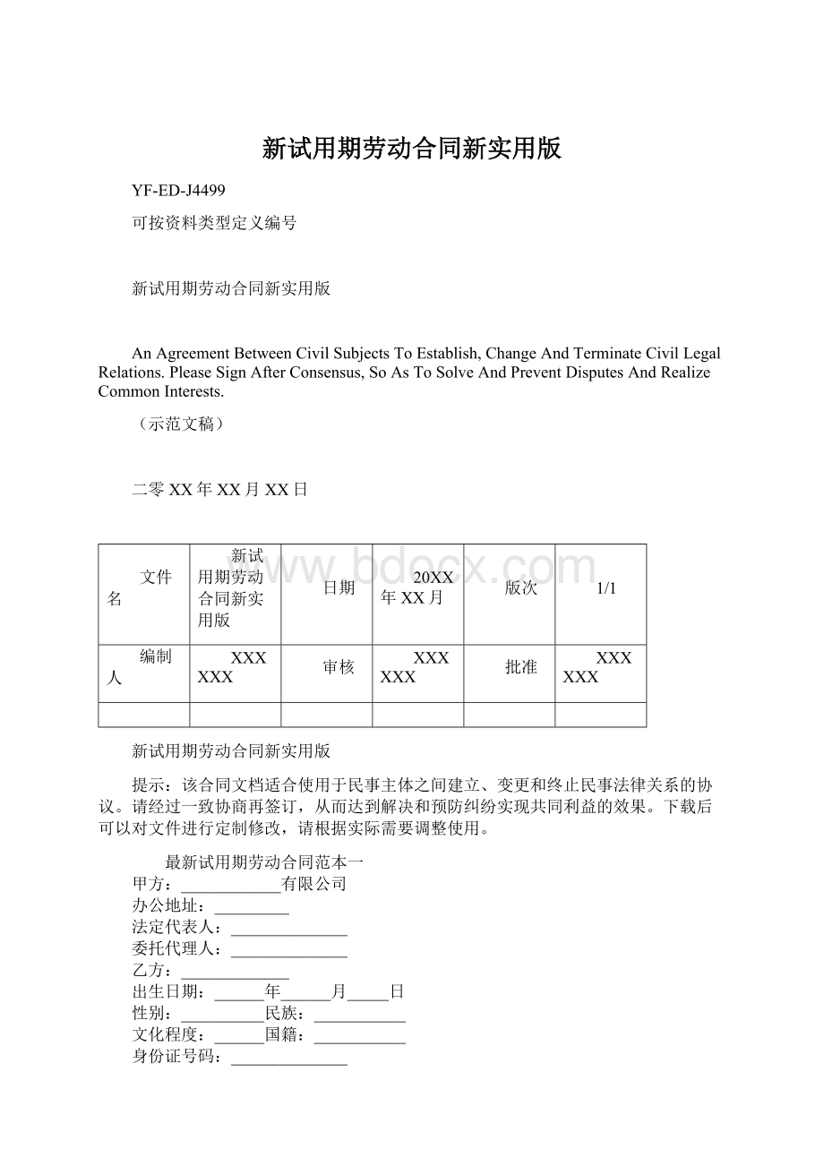 新试用期劳动合同新实用版Word格式文档下载.docx