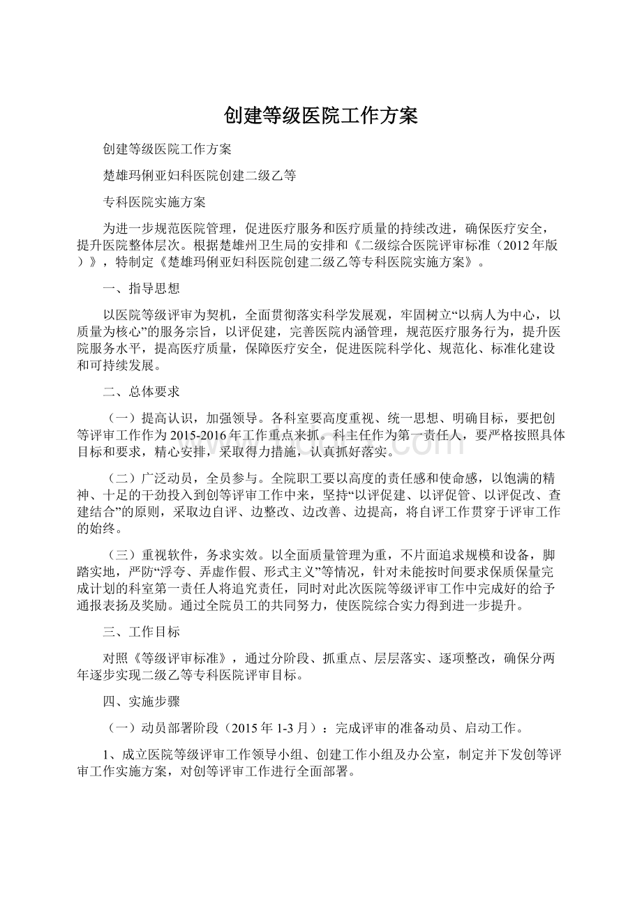 创建等级医院工作方案Word文档下载推荐.docx_第1页