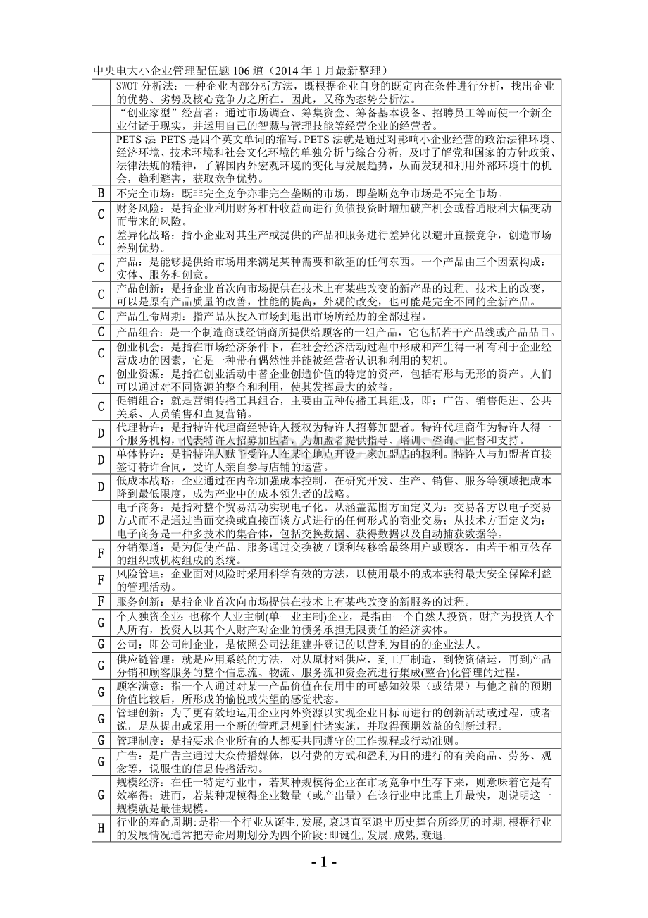 中央电大小企业管理配伍题106道(2014年1月最新整理).doc_第1页