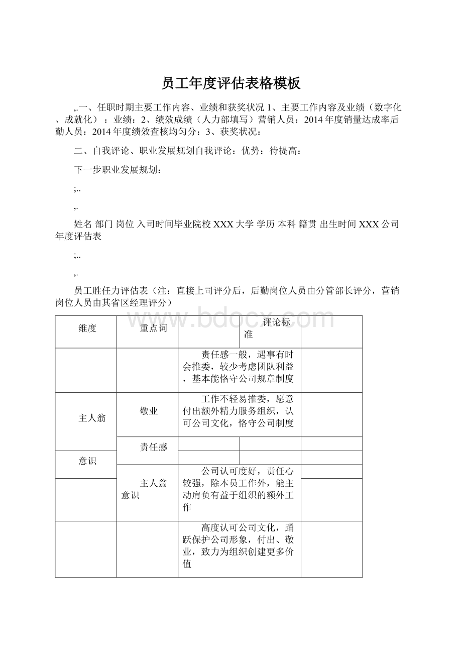 员工年度评估表格模板Word文件下载.docx_第1页