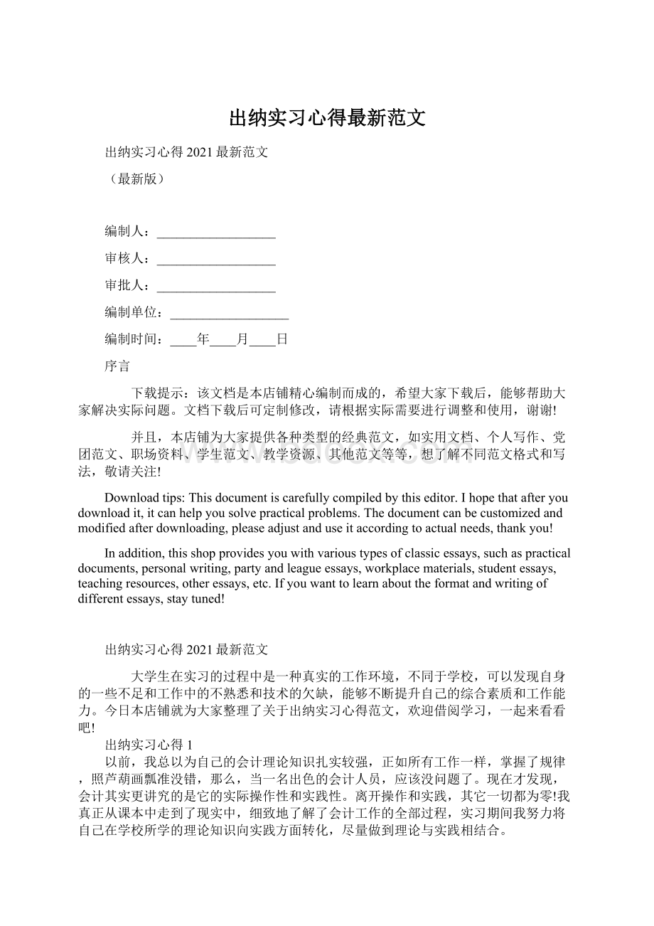 出纳实习心得最新范文Word文档格式.docx