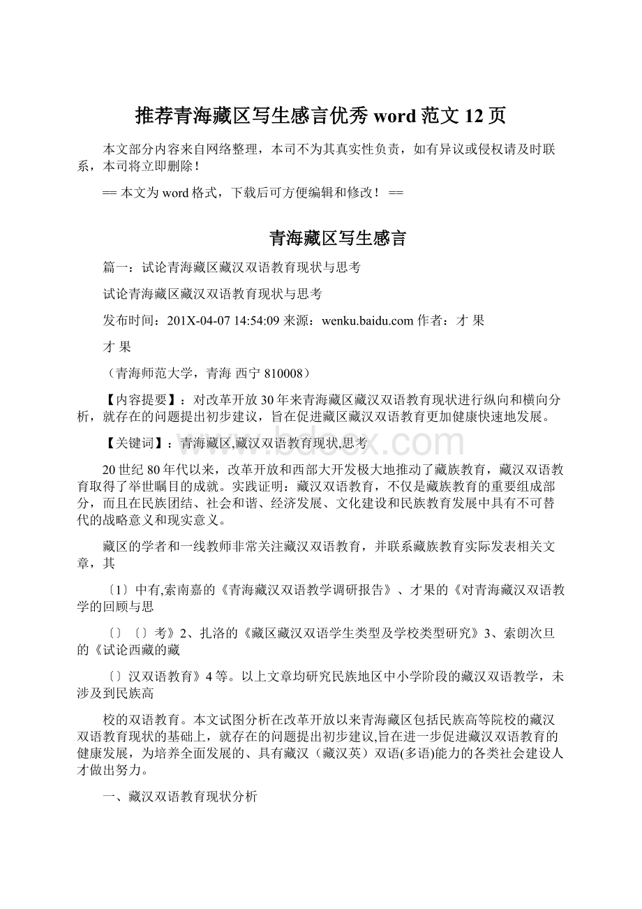 推荐青海藏区写生感言优秀word范文 12页文档格式.docx