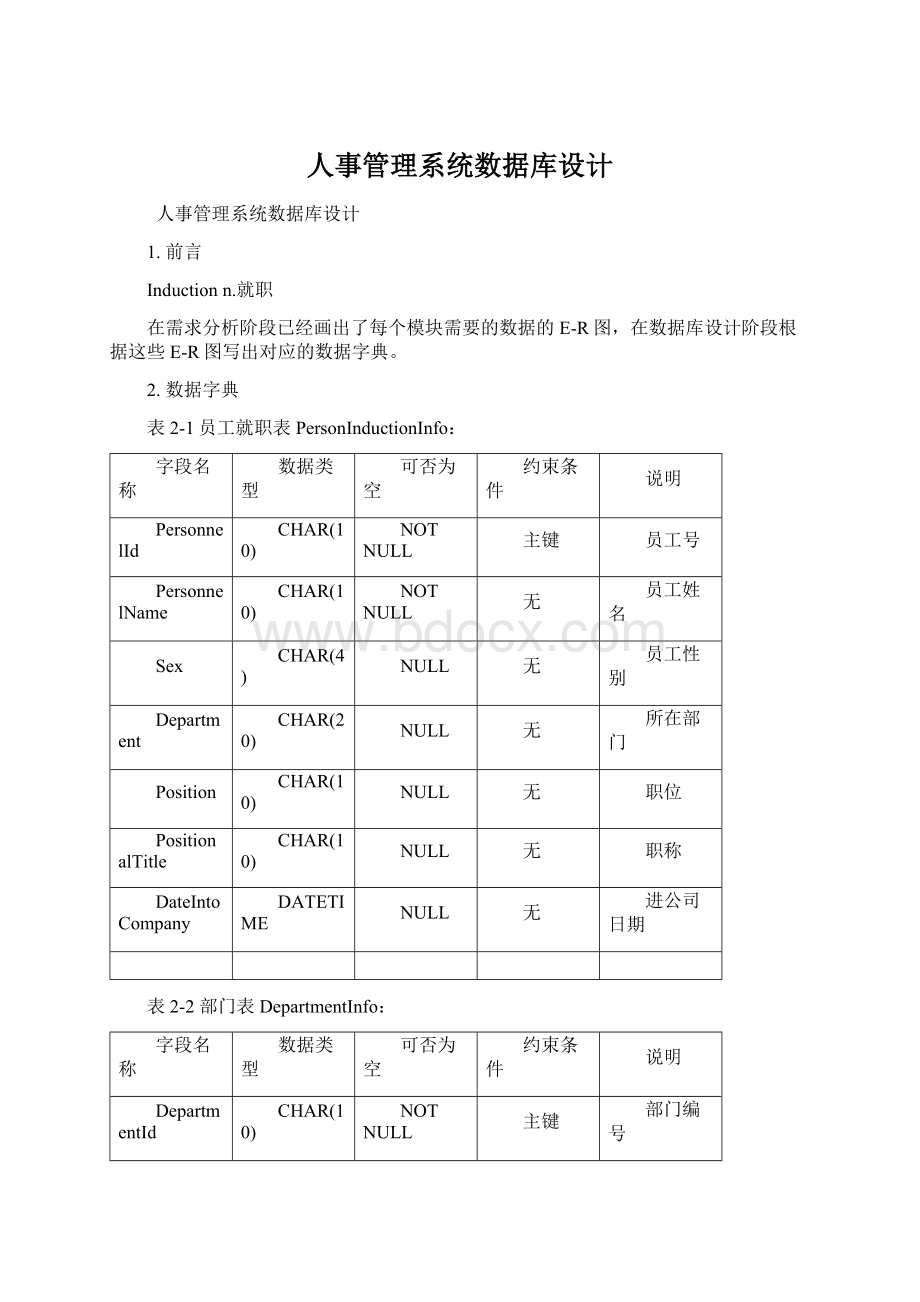 人事管理系统数据库设计Word文档格式.docx