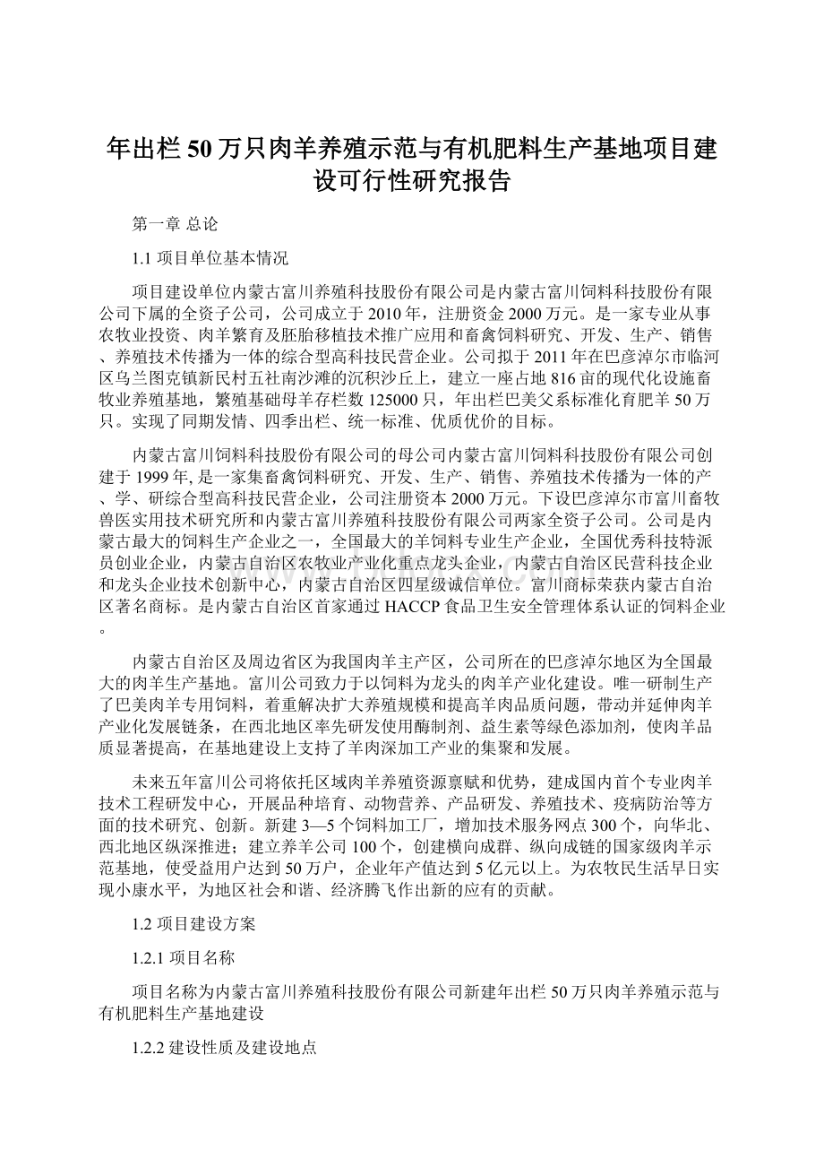 年出栏50万只肉羊养殖示范与有机肥料生产基地项目建设可行性研究报告Word文档格式.docx