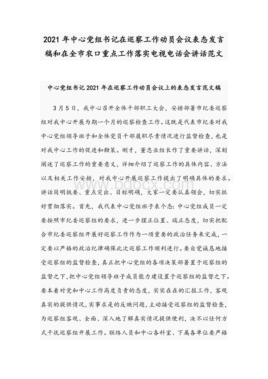 2021年中心党组书记在巡察工作动员会议表态发言稿和在全市农口重点工作落实电视电话会讲话范文Word格式文档下载.docx_第1页