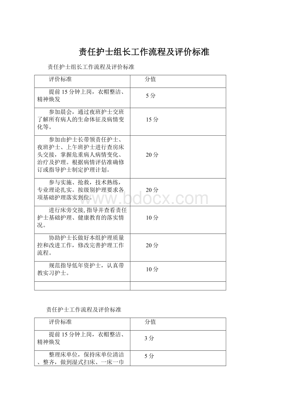 责任护士组长工作流程及评价标准Word格式.docx