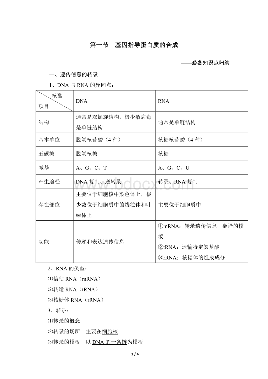 必备知识点归纳：基因指导蛋白质的合成.doc