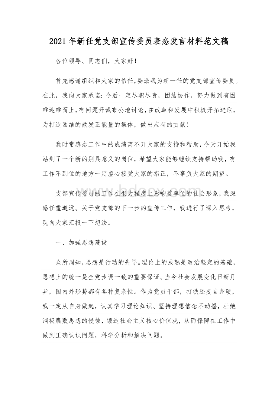 2021年新任党支部宣传委员表态发言材料范文稿Word文档格式.docx_第1页