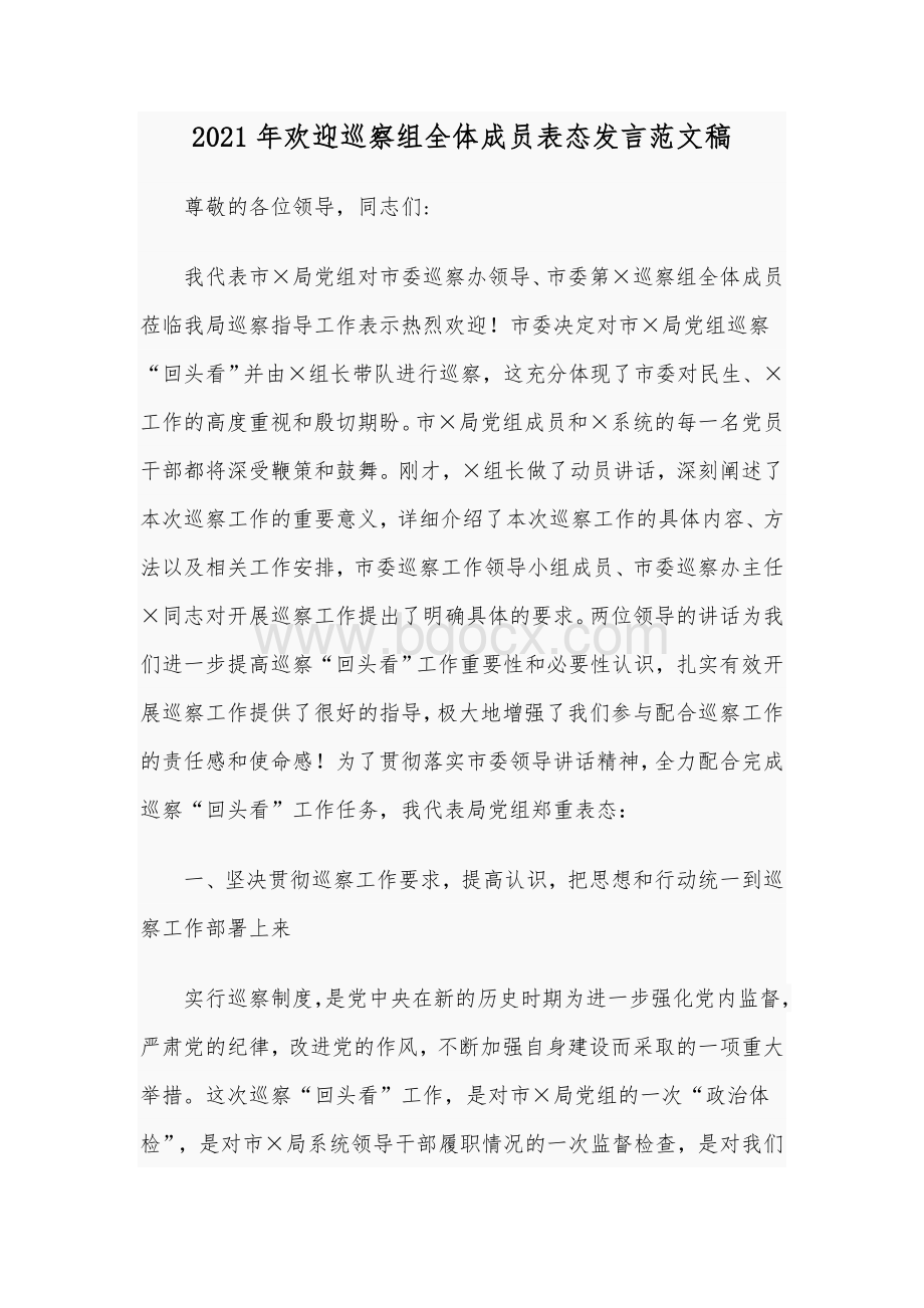 2021年欢迎巡察组全体成员表态发言范文稿Word下载.docx