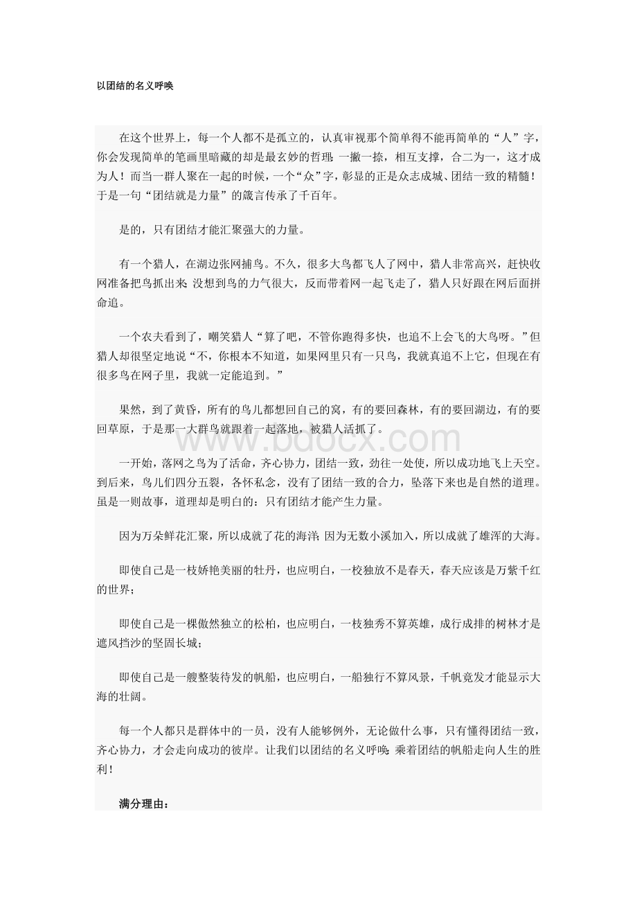 哈尔滨市中考满分作文-以团结的名义呼唤.doc