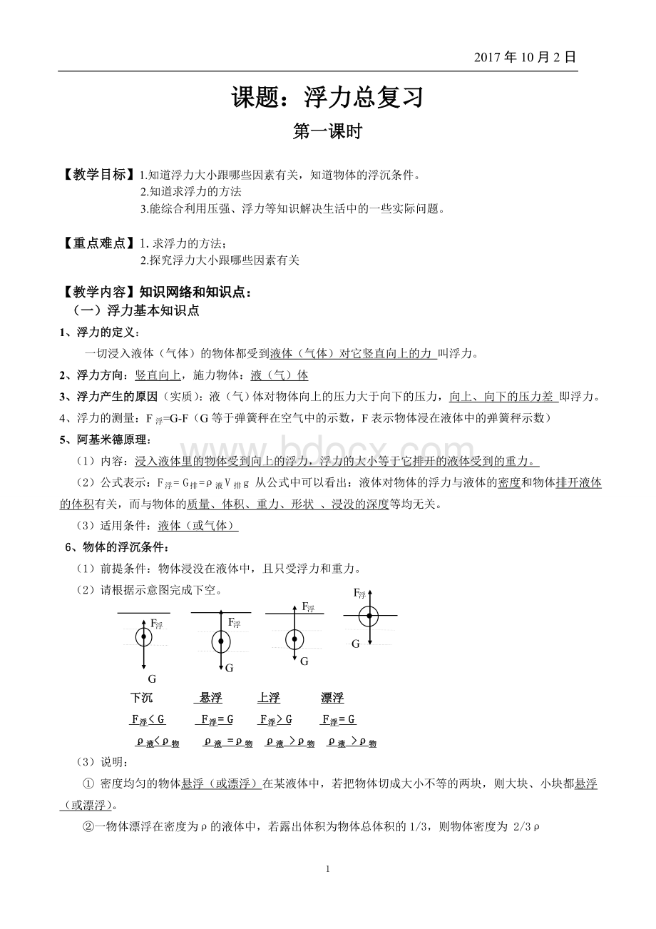 浙教版八年级科学上册最新浮力总复习(内容全面详细).doc