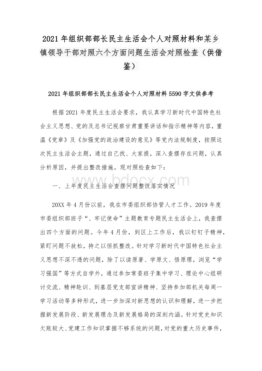 2021年组织部部长民主生活会个人对照材料和某乡镇领导干部对照六个方面问题生活会对照检查（供借鉴）Word文档下载推荐.docx