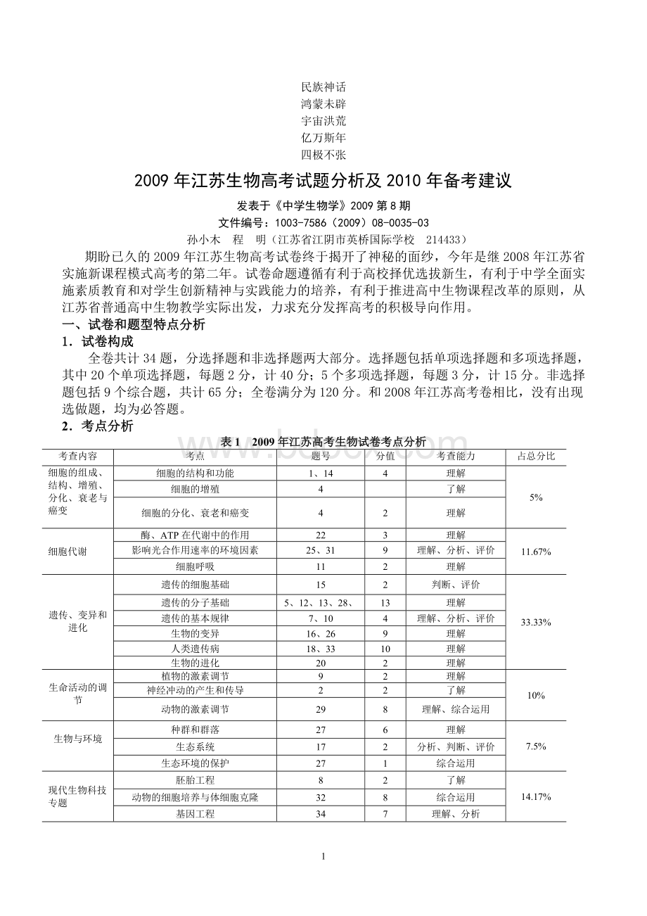 建议复习参考2009年江苏生物高考试题分析及2010年备考Word文档下载推荐.doc_第1页